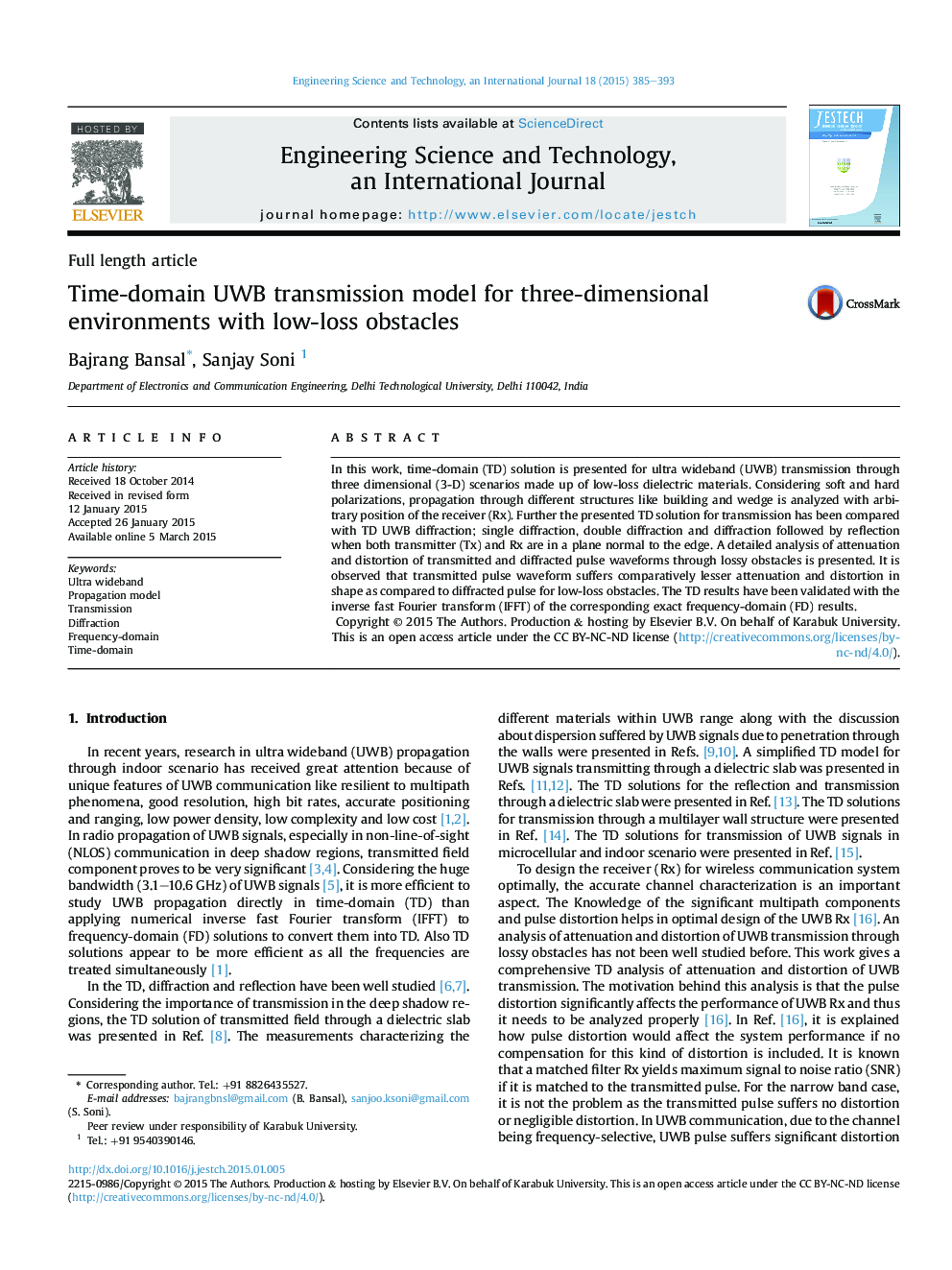 Time-domain UWB transmission model for three-dimensional environments with low-loss obstacles 