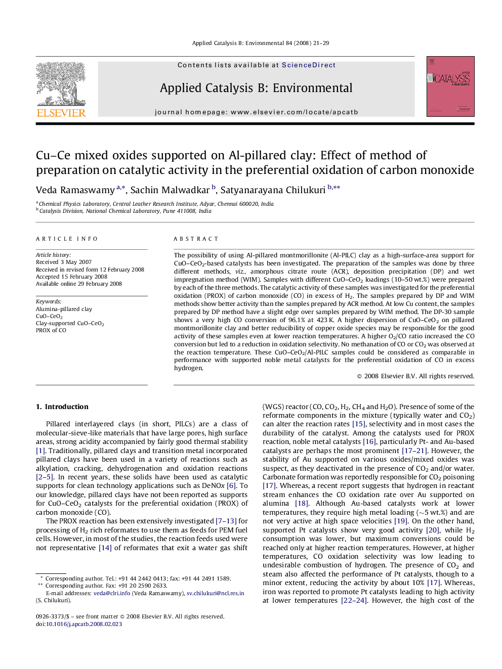 Cu–Ce mixed oxides supported on Al-pillared clay: Effect of method of preparation on catalytic activity in the preferential oxidation of carbon monoxide