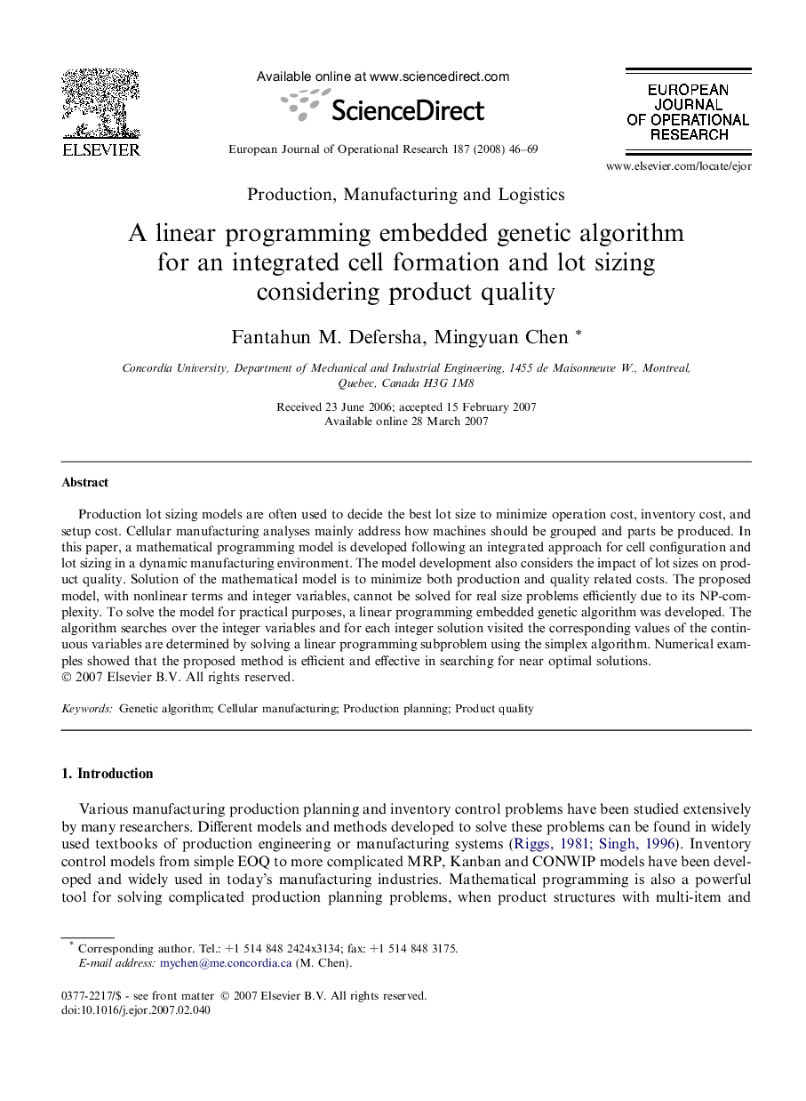 A linear programming embedded genetic algorithm for an integrated cell formation and lot sizing considering product quality