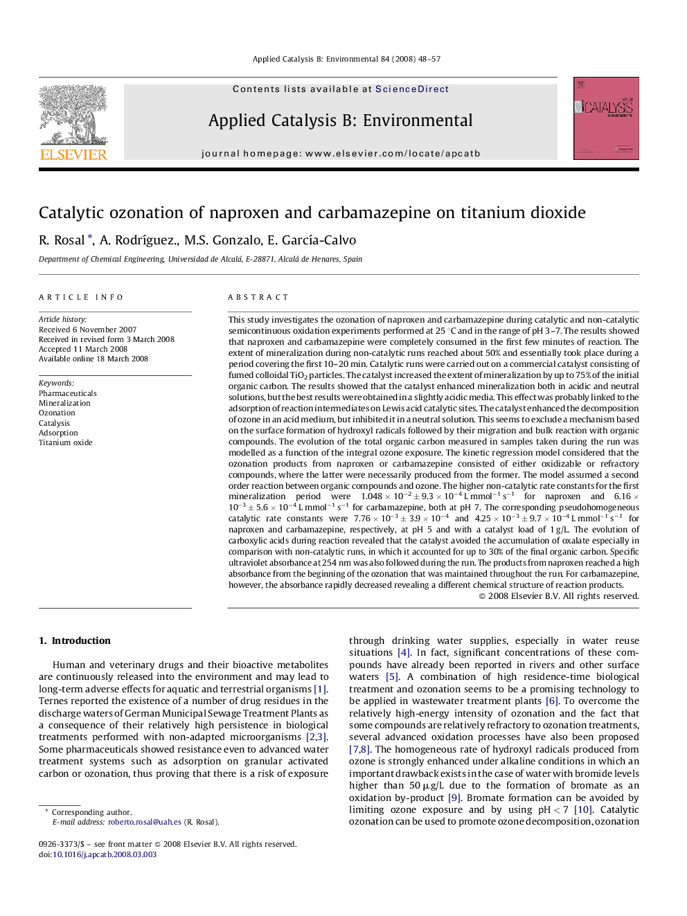 Catalytic ozonation of naproxen and carbamazepine on titanium dioxide