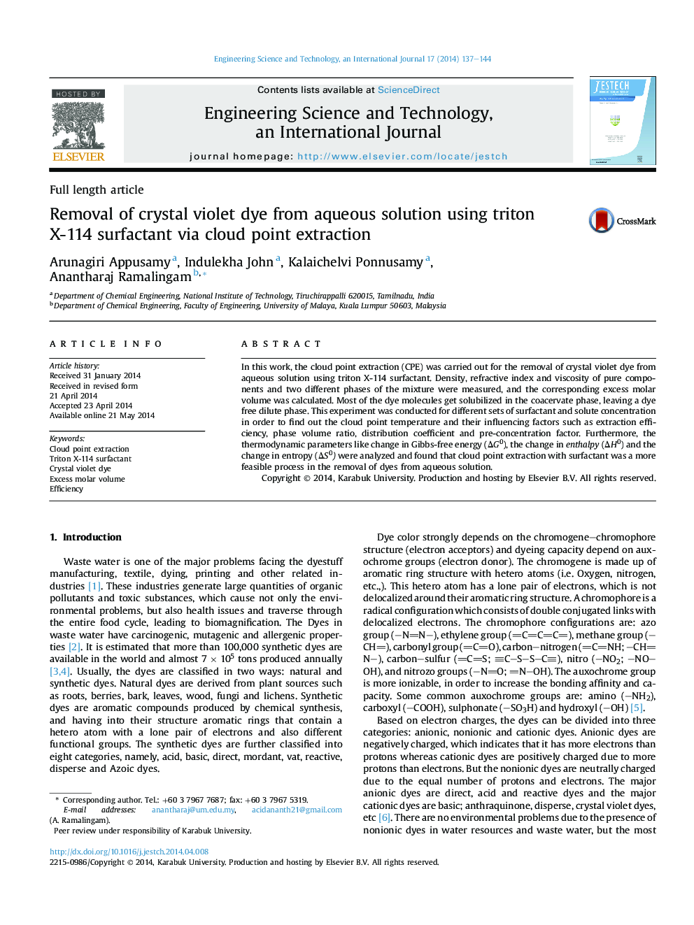 Removal of crystal violet dye from aqueous solution using triton X-114 surfactant via cloud point extraction 