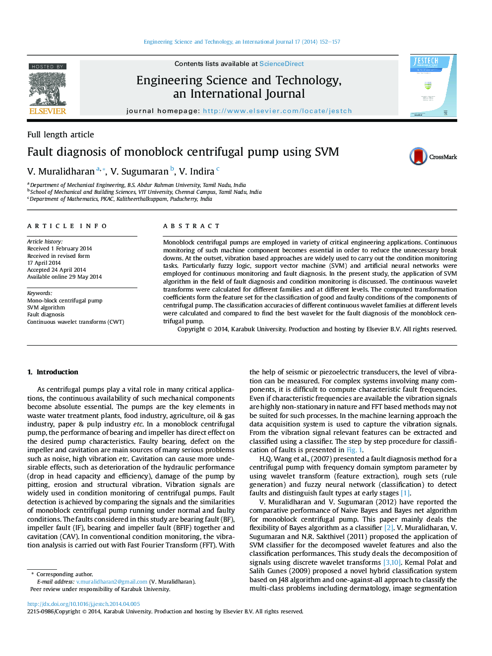 عکس صفحه اول مقاله: Fault diagnosis of monoblock centrifugal pump using SVM Fault diagnosis of monoblock centrifugal pump using SVM