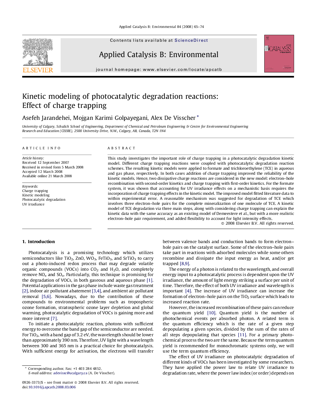 عکس صفحه اول مقاله: Kinetic modeling of photocatalytic degradation reactions: Effect of charge trapping Kinetic modeling of photocatalytic degradation reactions: Effect of charge trapping