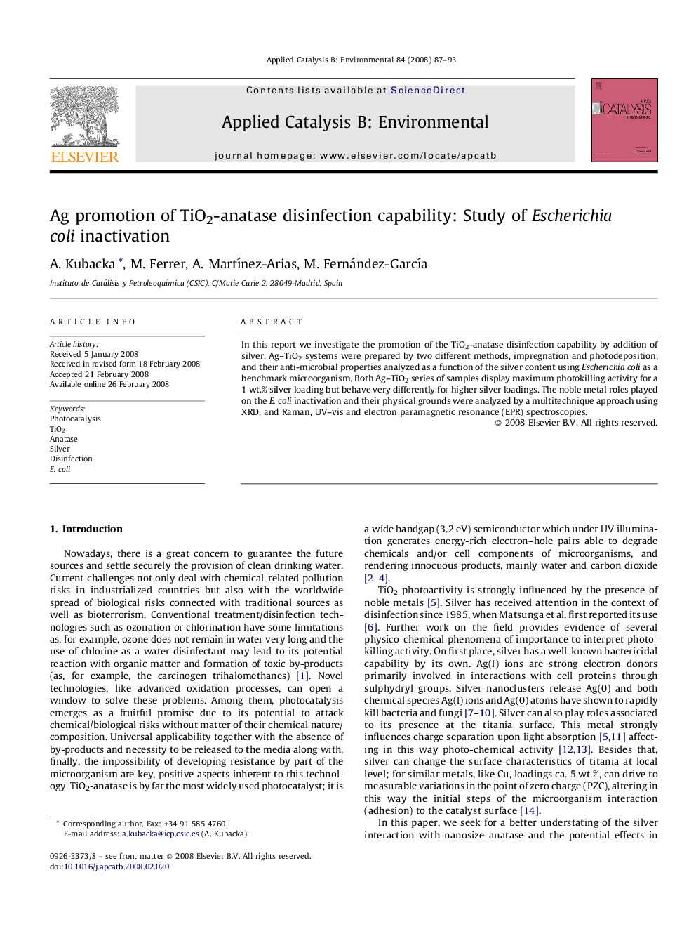 Ag promotion of TiO2-anatase disinfection capability: Study of Escherichia coli inactivation