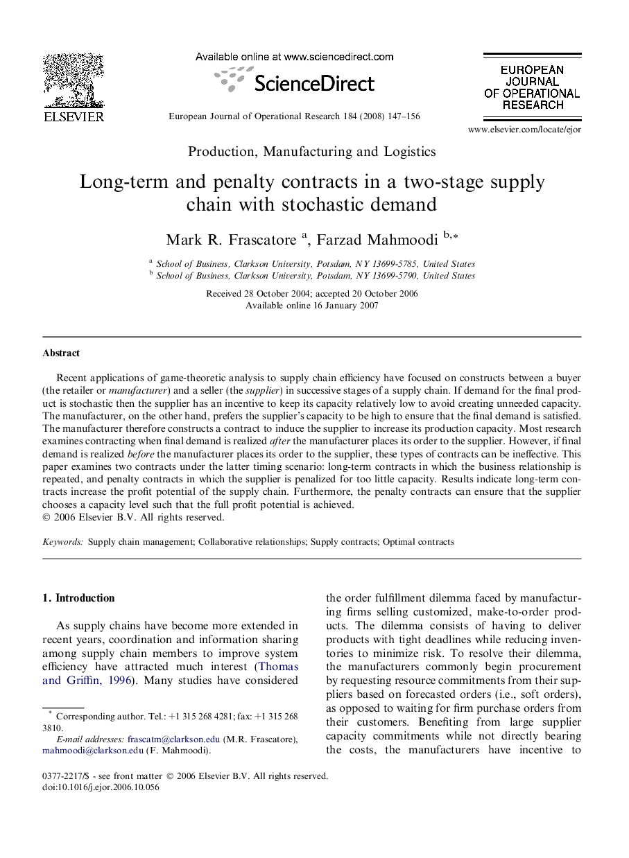 Long-term and penalty contracts in a two-stage supply chain with stochastic demand