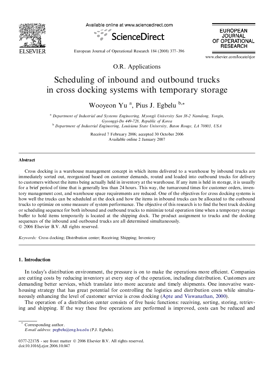 Scheduling of inbound and outbound trucks in cross docking systems with temporary storage