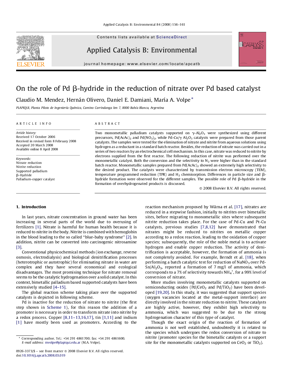 On the role of Pd β-hydride in the reduction of nitrate over Pd based catalyst