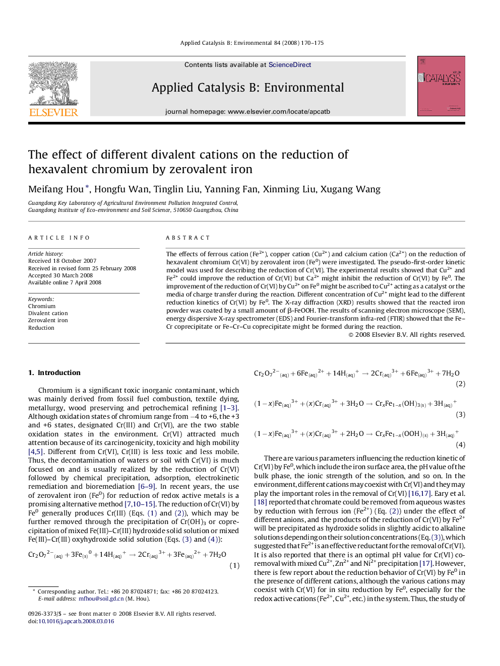 The effect of different divalent cations on the reduction of hexavalent chromium by zerovalent iron