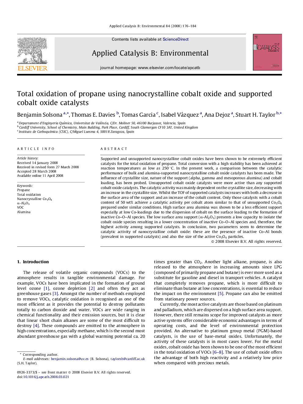 Total oxidation of propane using nanocrystalline cobalt oxide and supported cobalt oxide catalysts