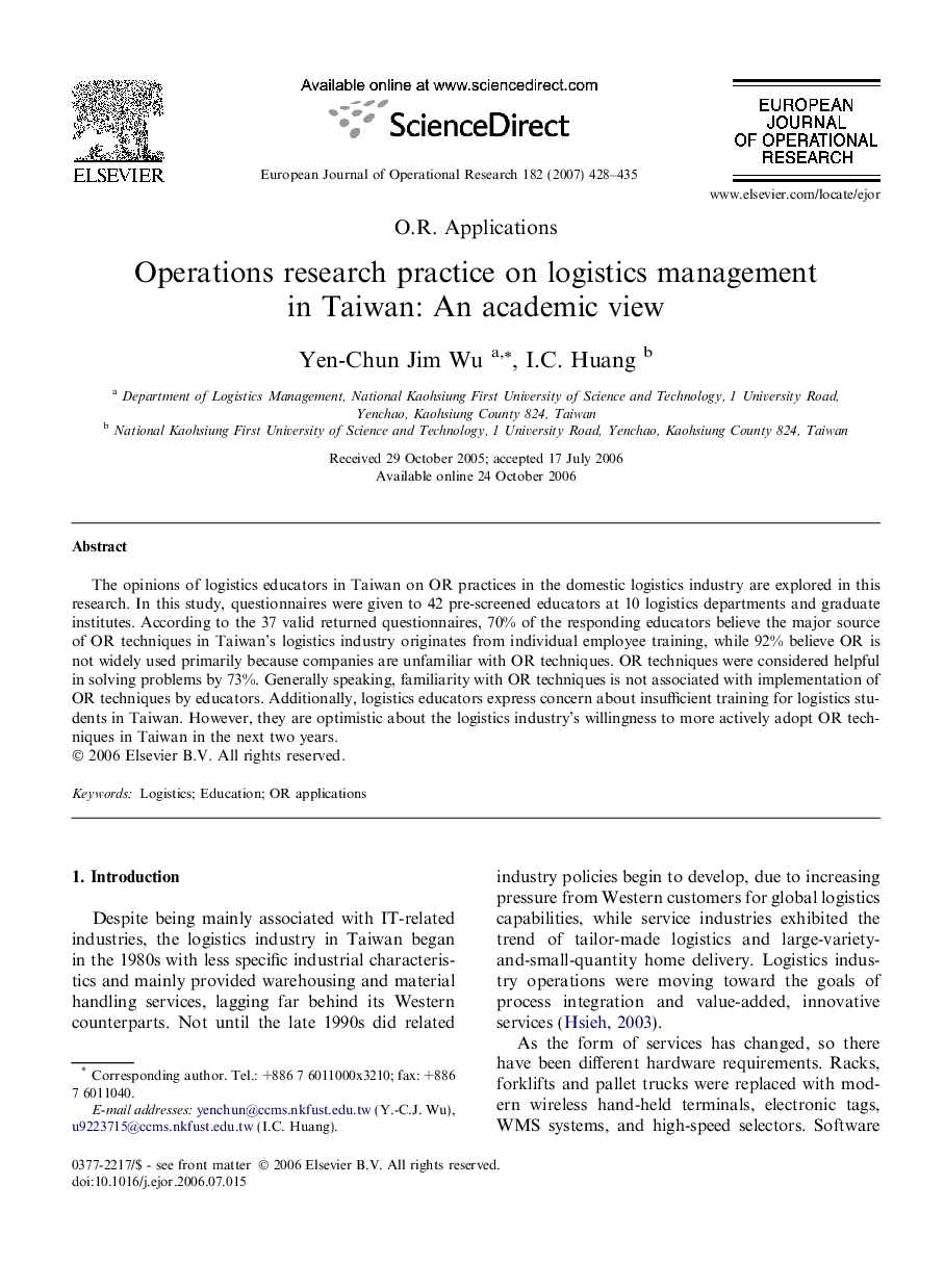 Operations research practice on logistics management in Taiwan: An academic view