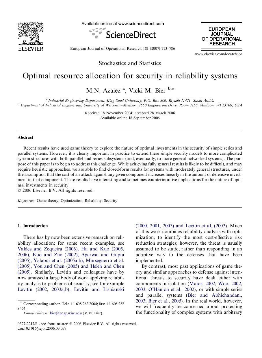 Optimal resource allocation for security in reliability systems