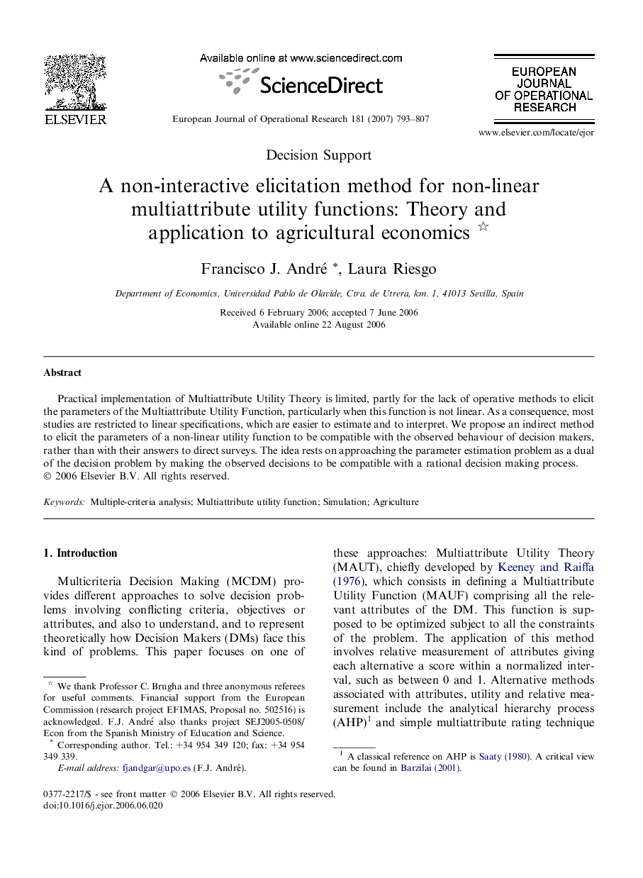 A non-interactive elicitation method for non-linear multiattribute utility functions: Theory and application to agricultural economics 