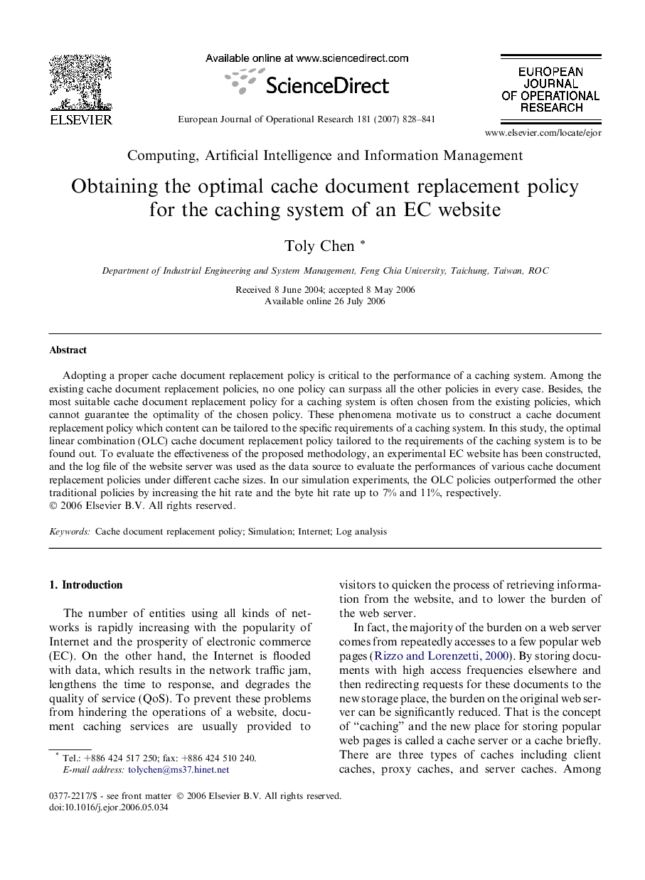 Obtaining the optimal cache document replacement policy for the caching system of an EC website