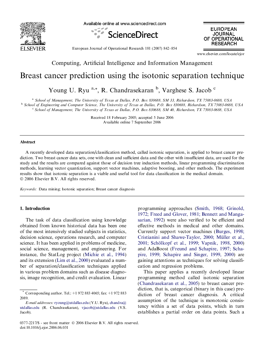 Breast cancer prediction using the isotonic separation technique