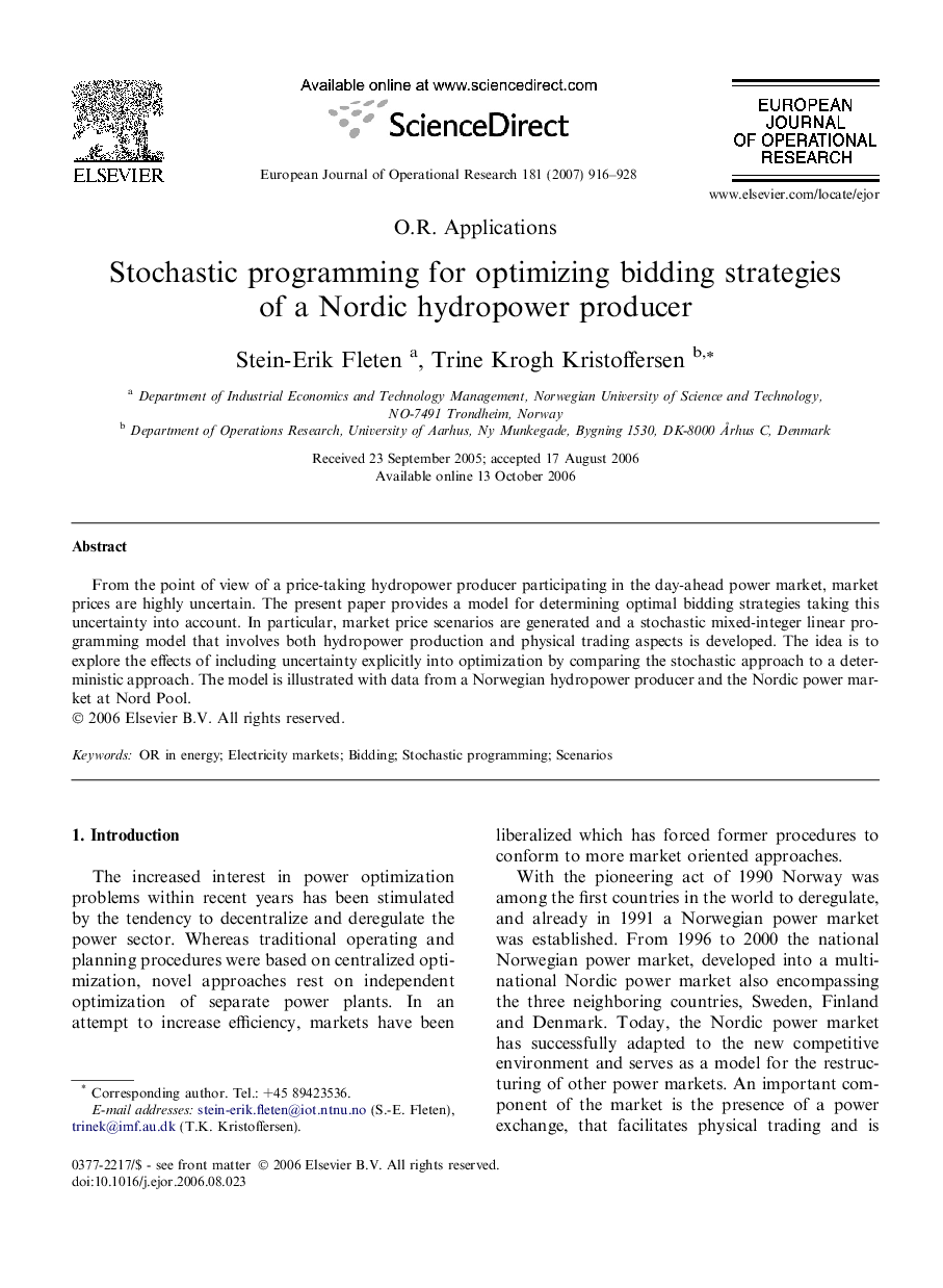 Stochastic programming for optimizing bidding strategies of a Nordic hydropower producer