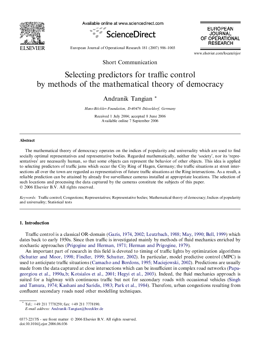 Selecting predictors for traffic control by methods of the mathematical theory of democracy