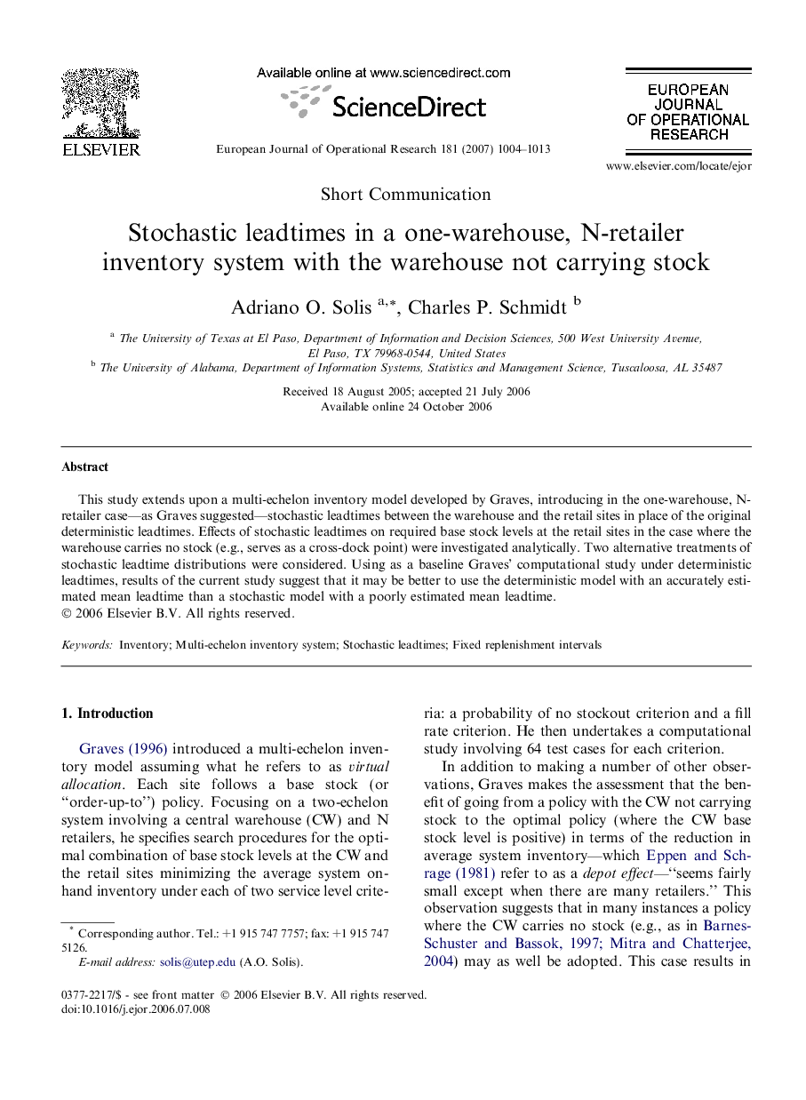 Stochastic leadtimes in a one-warehouse, N-retailer inventory system with the warehouse not carrying stock