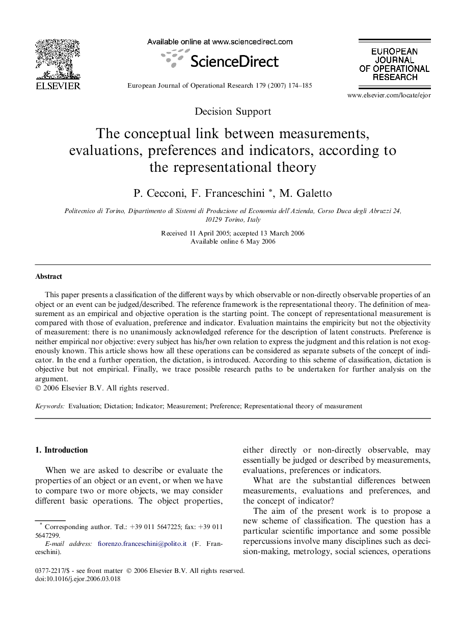 The conceptual link between measurements, evaluations, preferences and indicators, according to the representational theory