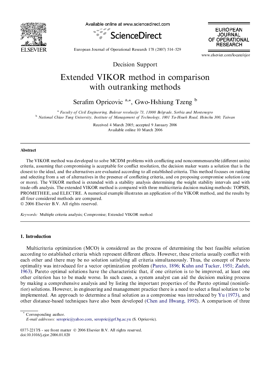 Extended VIKOR method in comparison with outranking methods