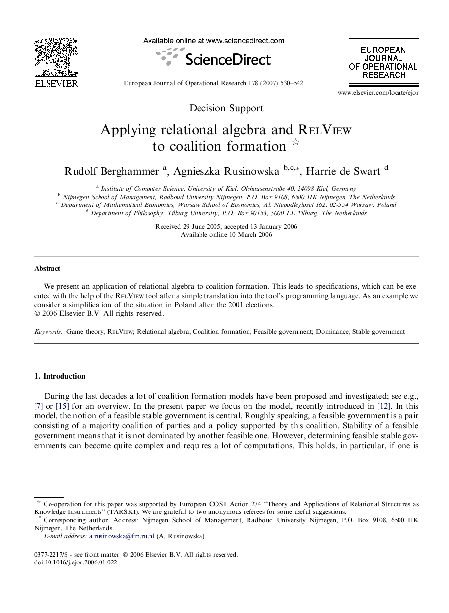 Applying relational algebra and RelView to coalition formation 