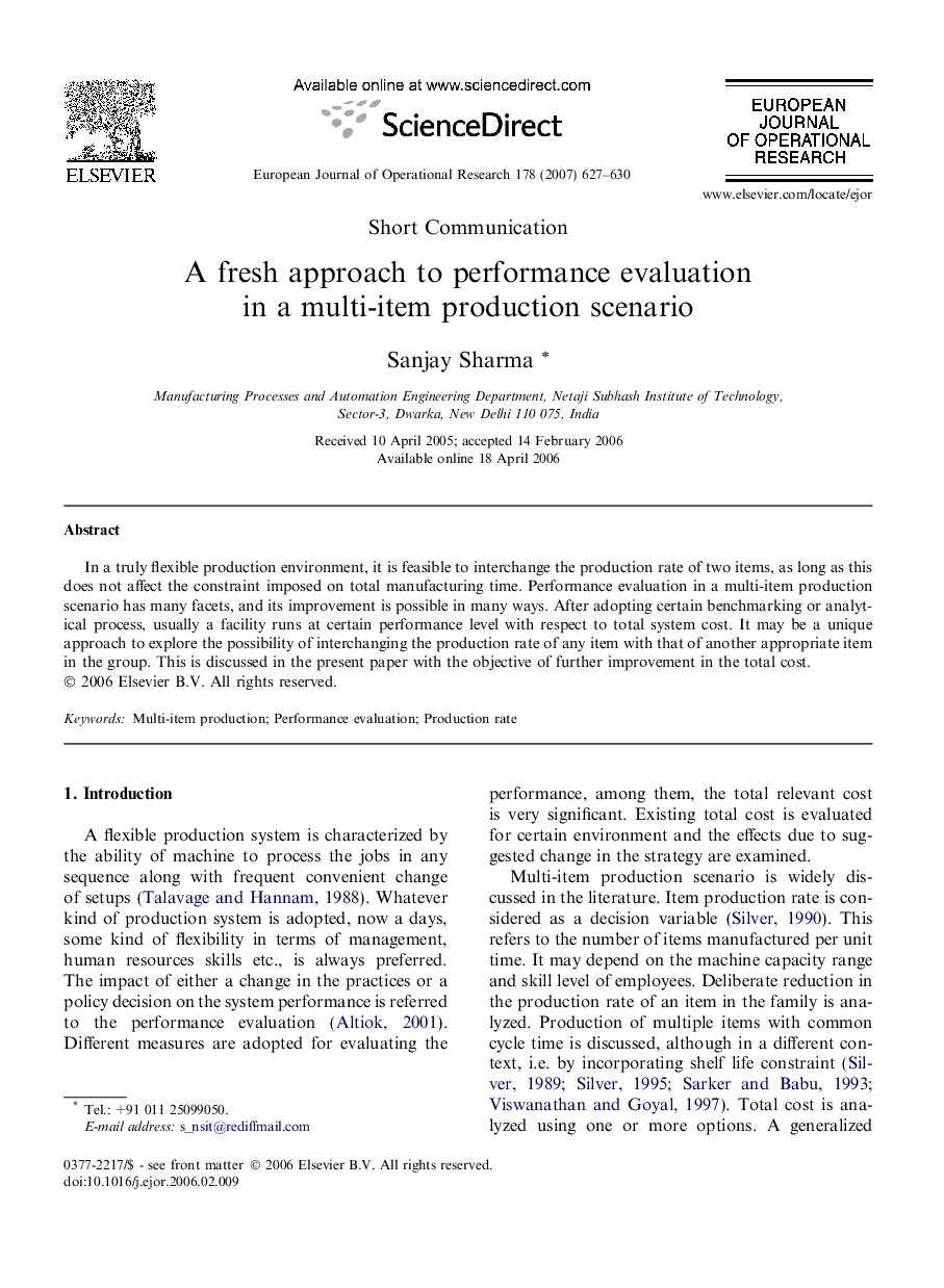 A fresh approach to performance evaluation in a multi-item production scenario