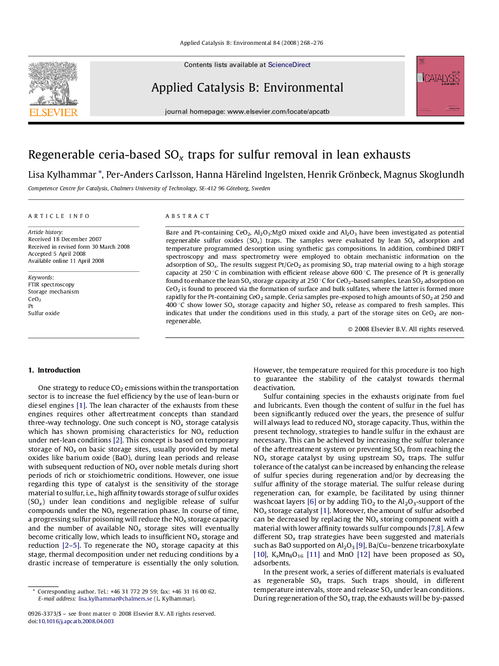 عکس صفحه اول مقاله: Regenerable ceria-based SOx traps for sulfur removal in lean exhausts Regenerable ceria-based SOx traps for sulfur removal in lean exhausts