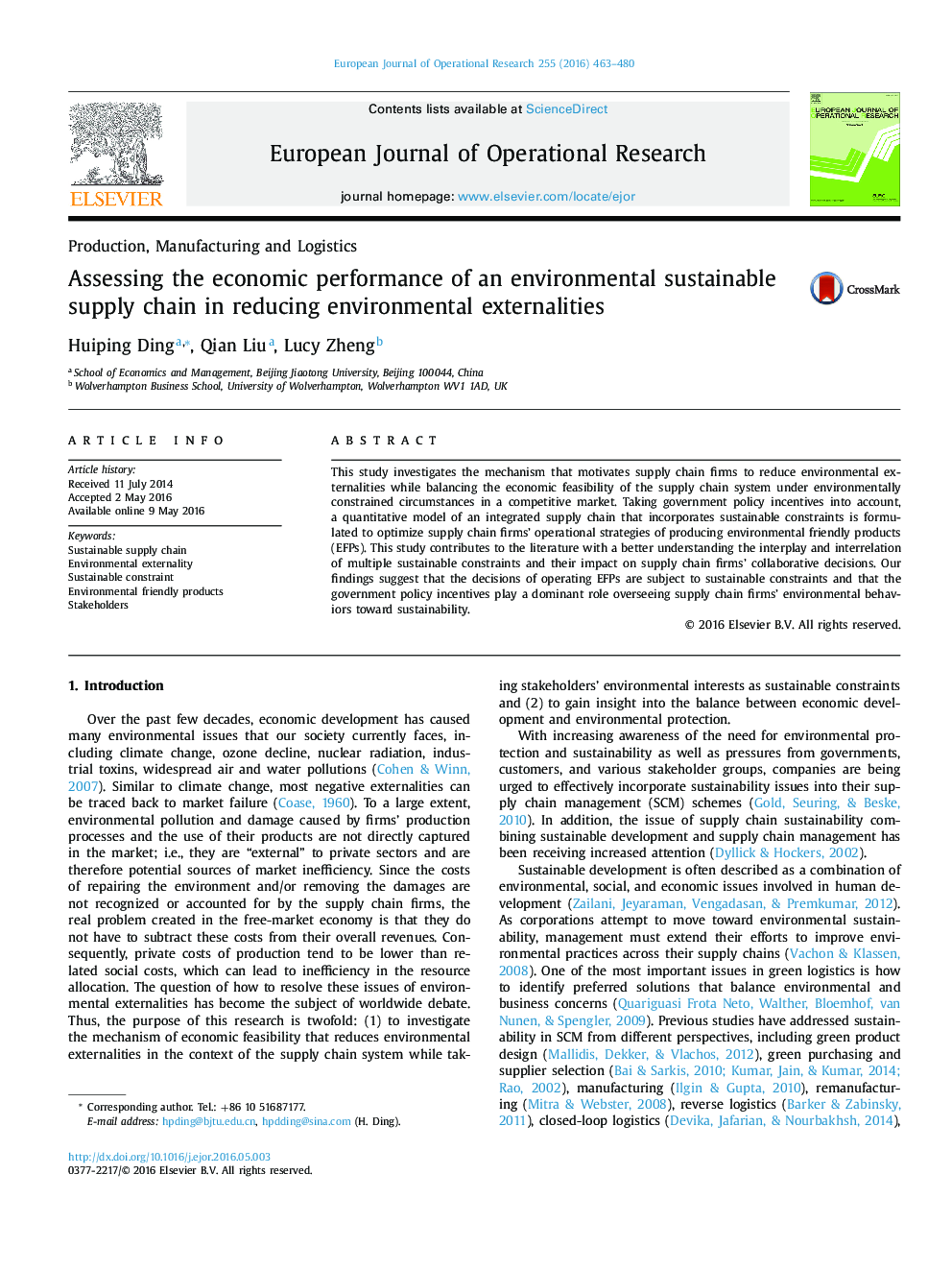 Assessing the economic performance of an environmental sustainable supply chain in reducing environmental externalities
