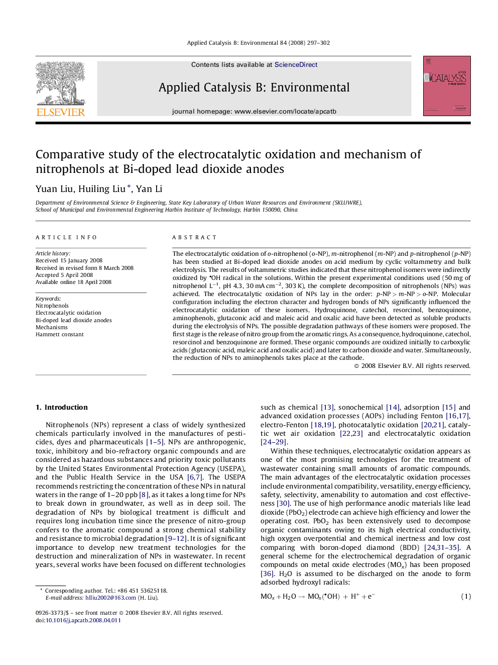 Comparative study of the electrocatalytic oxidation and mechanism of nitrophenols at Bi-doped lead dioxide anodes