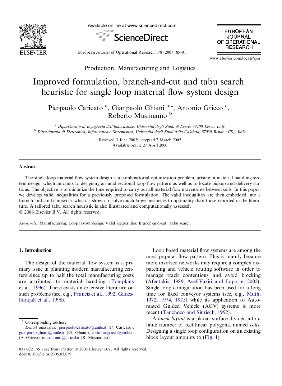 Improved formulation, branch-and-cut and tabu search heuristic for single loop material flow system design