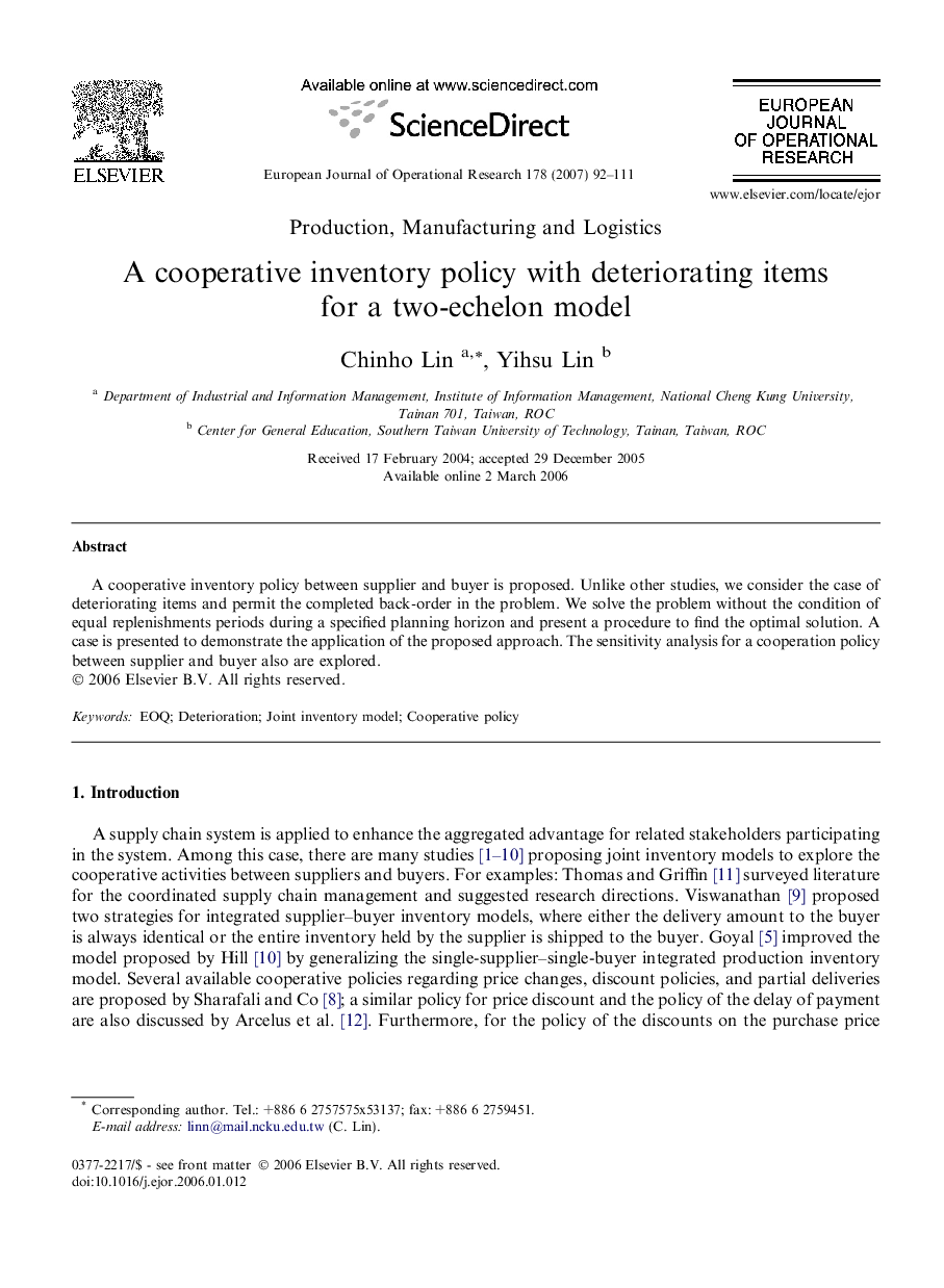 A cooperative inventory policy with deteriorating items for a two-echelon model