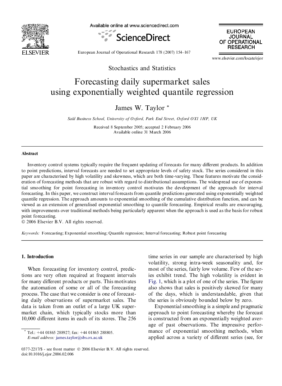 Forecasting daily supermarket sales using exponentially weighted quantile regression