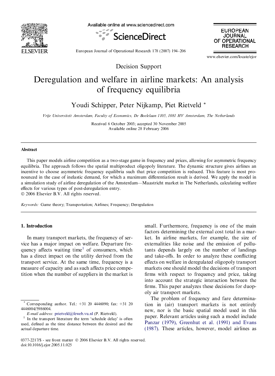 Deregulation and welfare in airline markets: An analysis of frequency equilibria