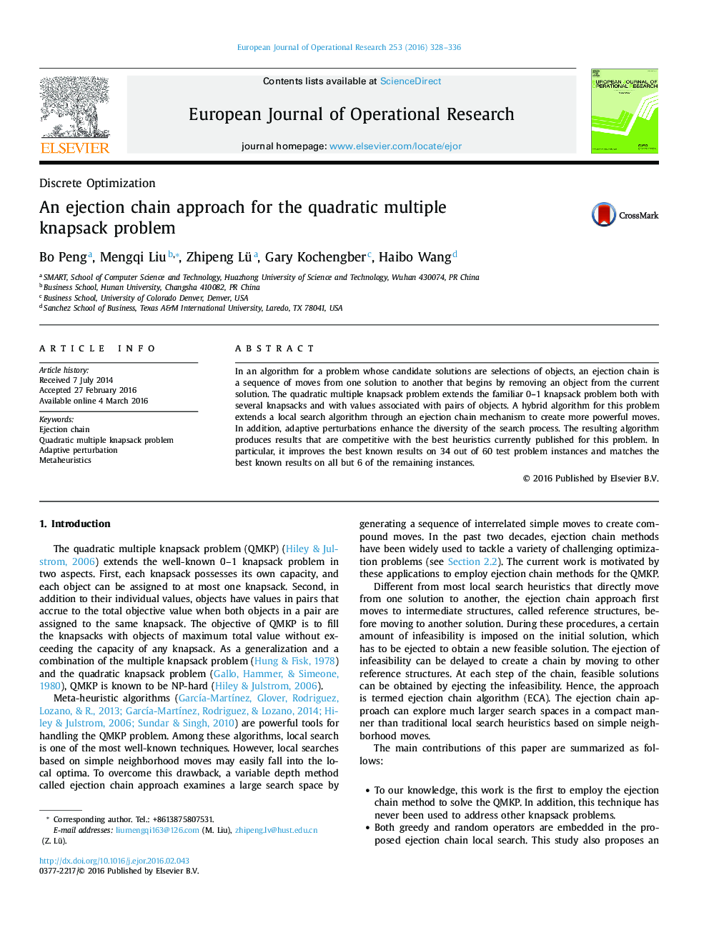 An ejection chain approach for the quadratic multiple knapsack problem