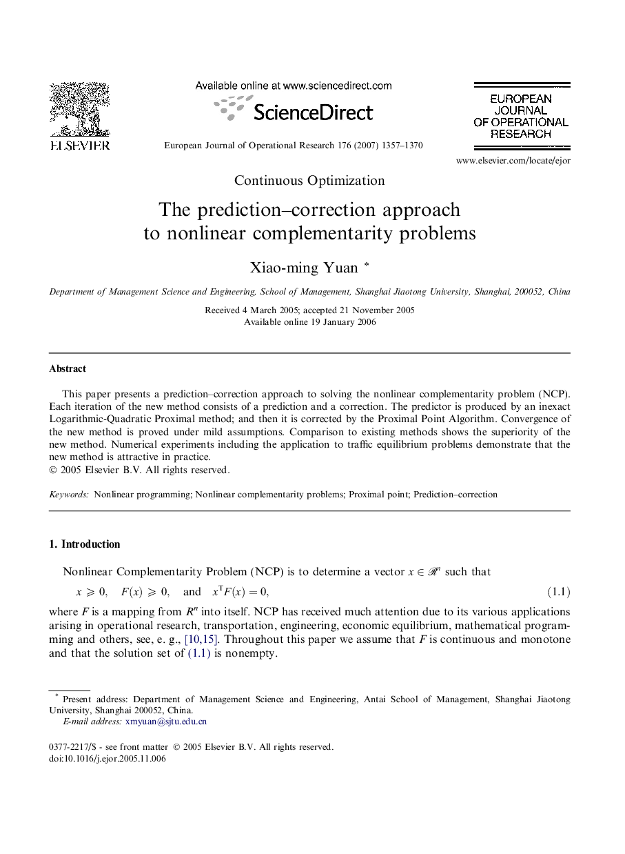 The prediction–correction approach to nonlinear complementarity problems