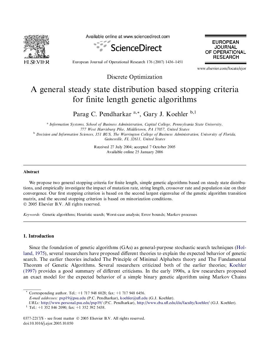 A general steady state distribution based stopping criteria for finite length genetic algorithms