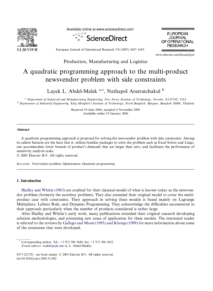 A quadratic programming approach to the multi-product newsvendor problem with side constraints