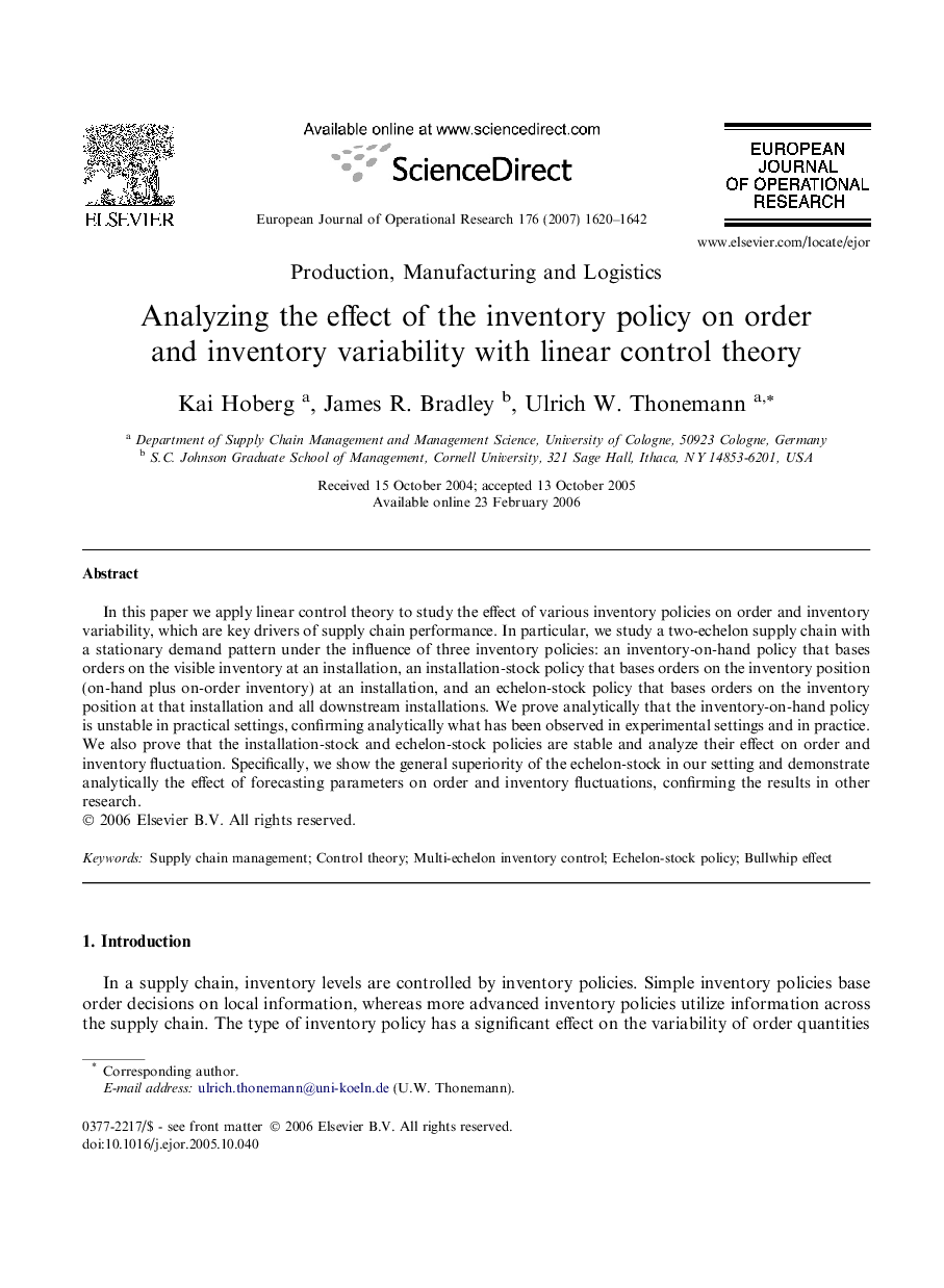 Analyzing the effect of the inventory policy on order and inventory variability with linear control theory