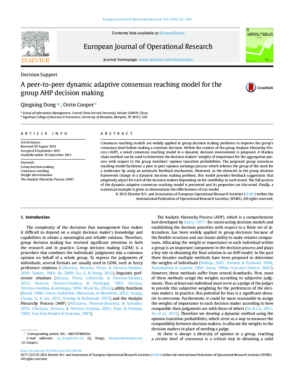 A peer-to-peer dynamic adaptive consensus reaching model for the group AHP decision making