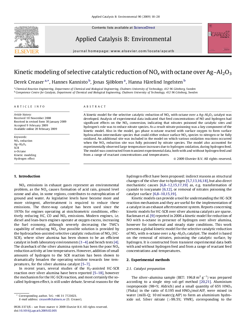 عکس صفحه اول مقاله: Kinetic modeling of selective catalytic reduction of NOx with octane over Ag–Al2O3 Kinetic modeling of selective catalytic reduction of NOx with octane over Ag–Al2O3