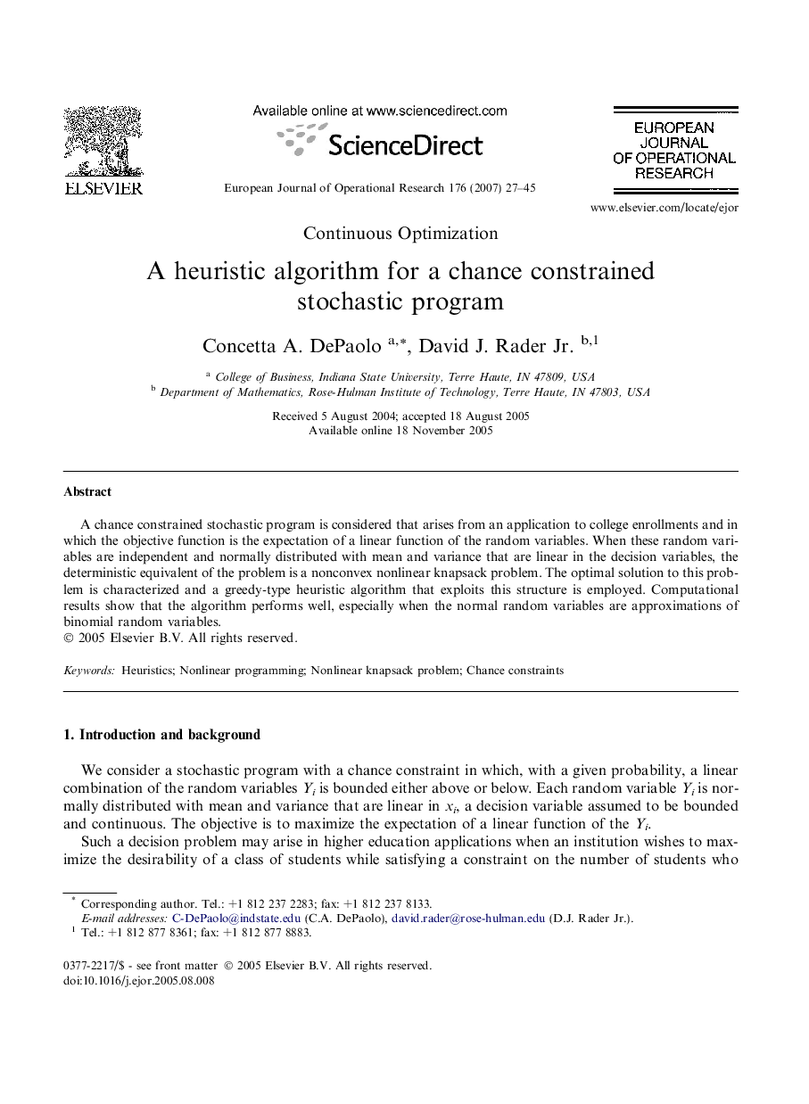 A heuristic algorithm for a chance constrained stochastic program