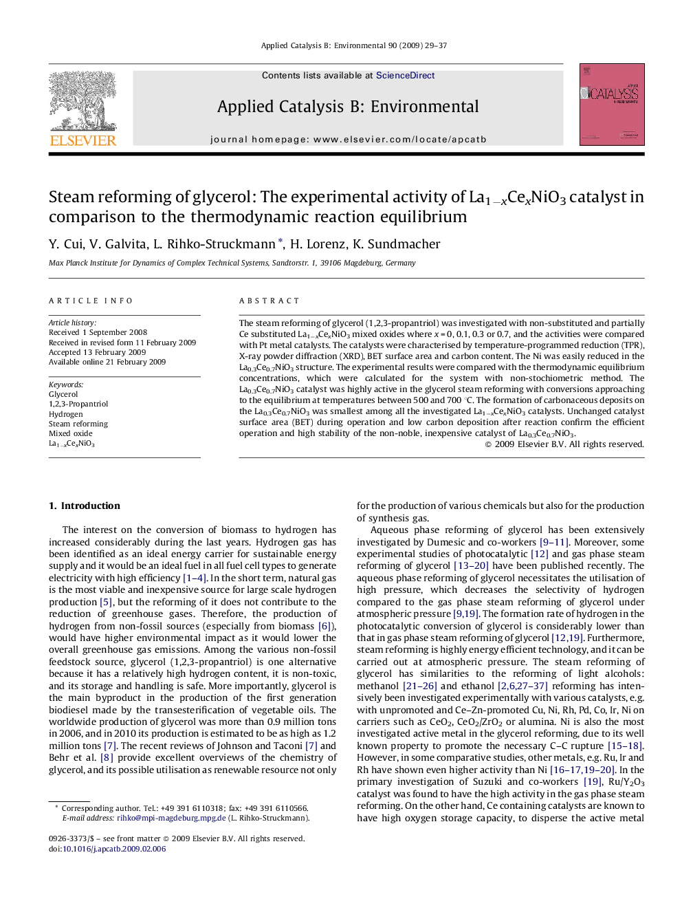 Steam reforming of glycerol: The experimental activity of La1−xCexNiO3 catalyst in comparison to the thermodynamic reaction equilibrium