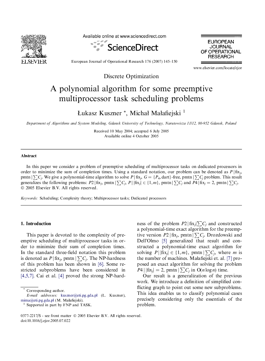 A polynomial algorithm for some preemptive multiprocessor task scheduling problems