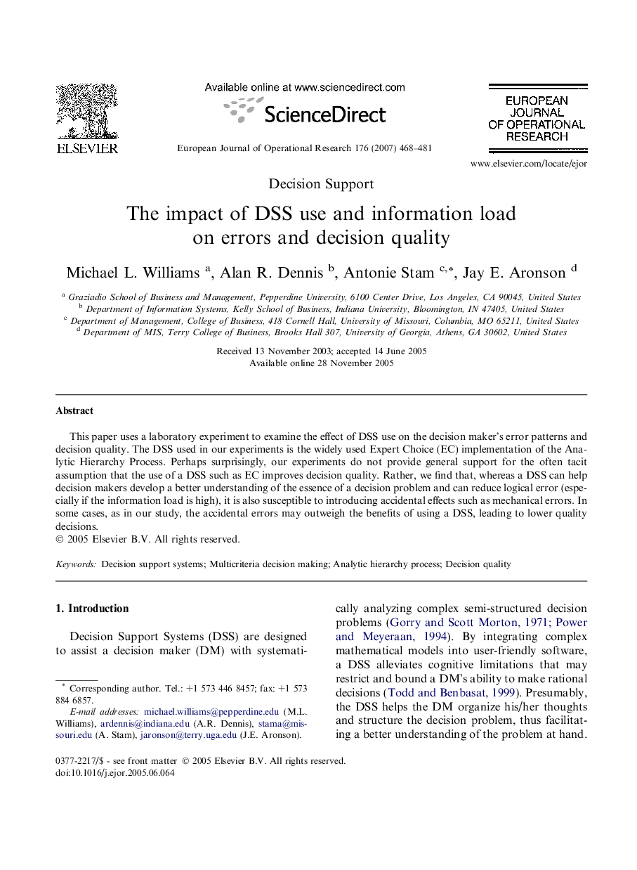 The impact of DSS use and information load on errors and decision quality