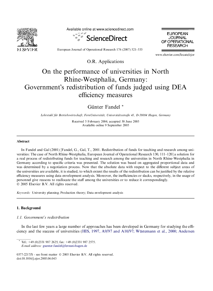 On the performance of universities in North Rhine-Westphalia, Germany: Government’s redistribution of funds judged using DEA efficiency measures