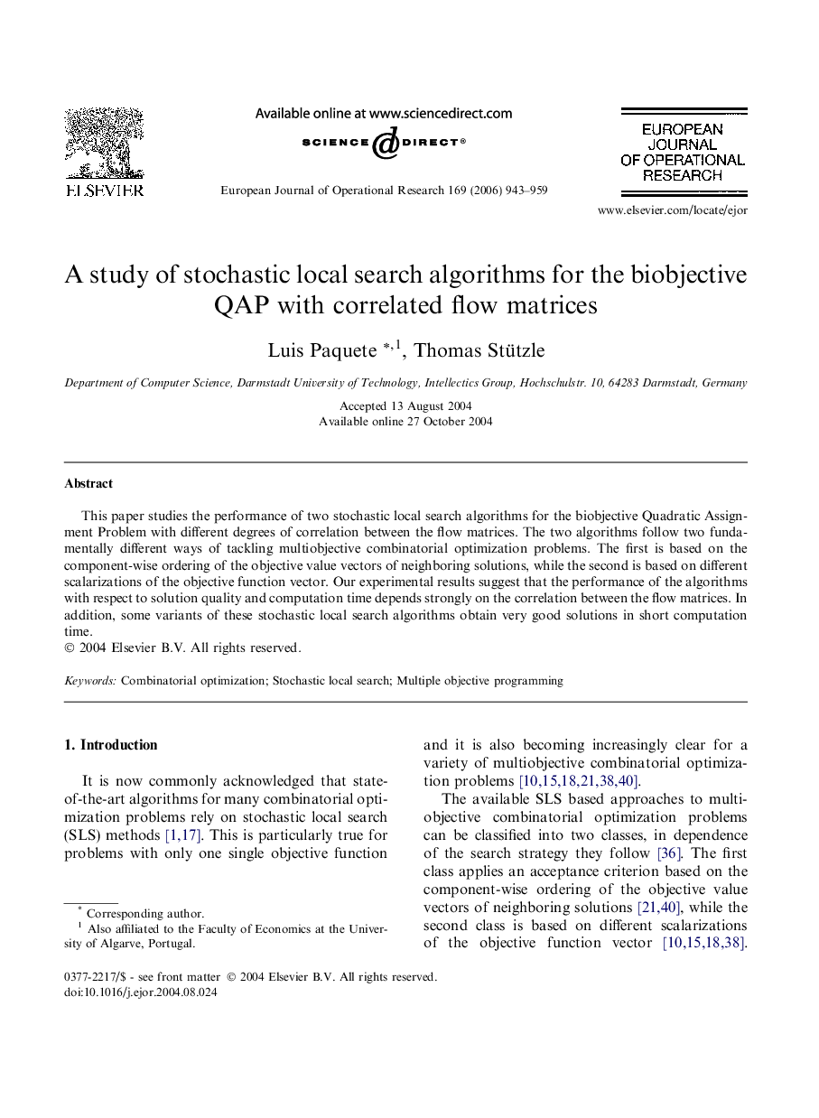 A study of stochastic local search algorithms for the biobjective QAP with correlated flow matrices