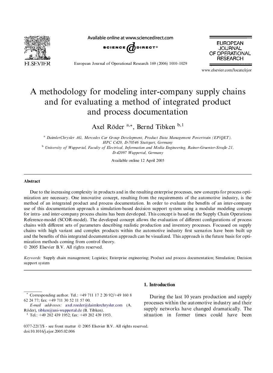 A methodology for modeling inter-company supply chains and for evaluating a method of integrated product and process documentation