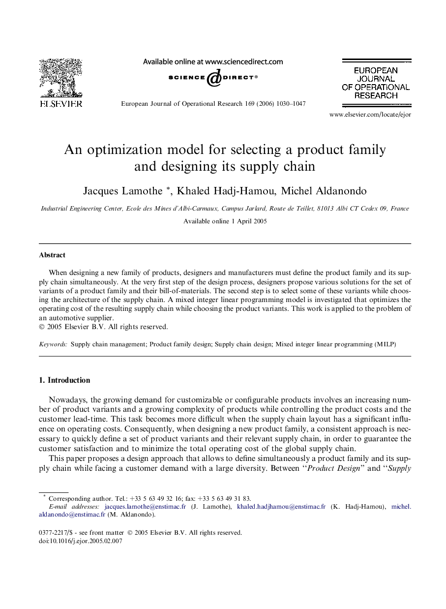 An optimization model for selecting a product family and designing its supply chain