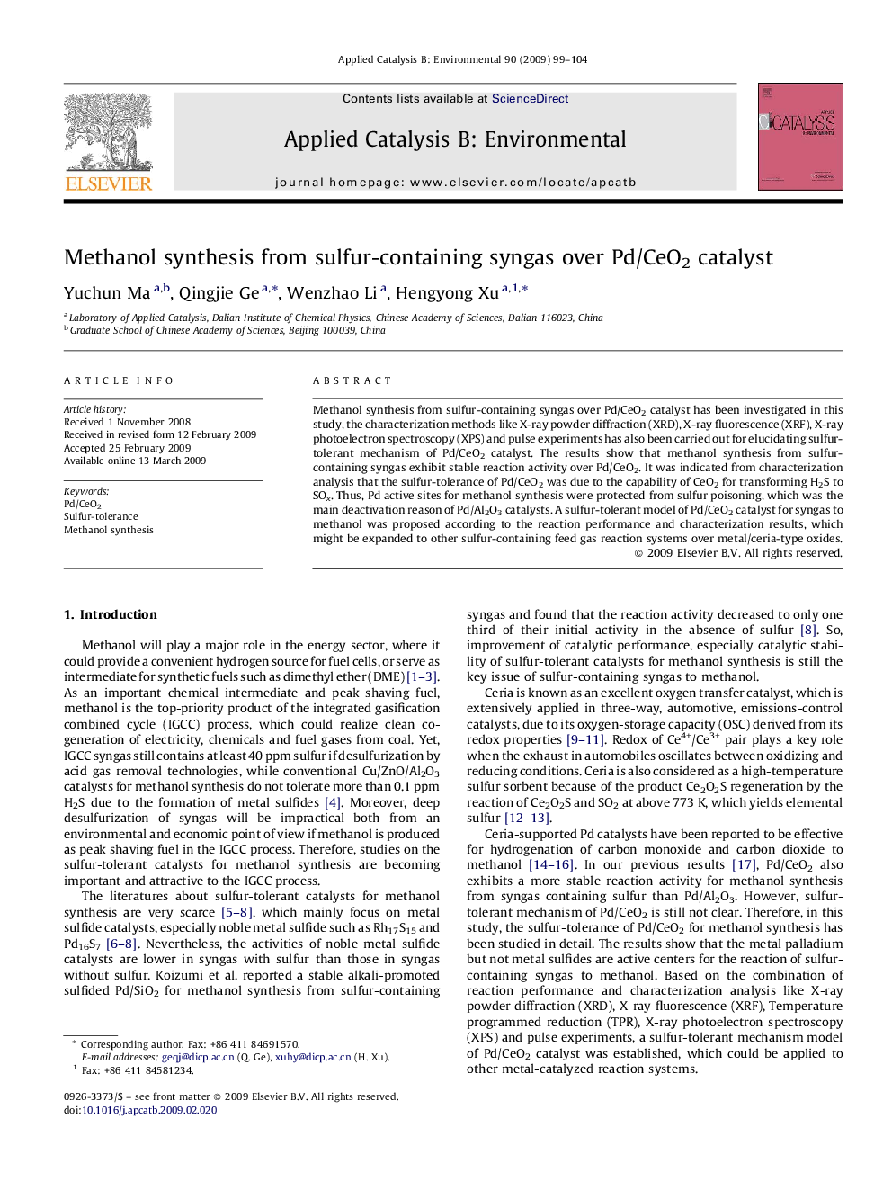 Methanol synthesis from sulfur-containing syngas over Pd/CeO2 catalyst
