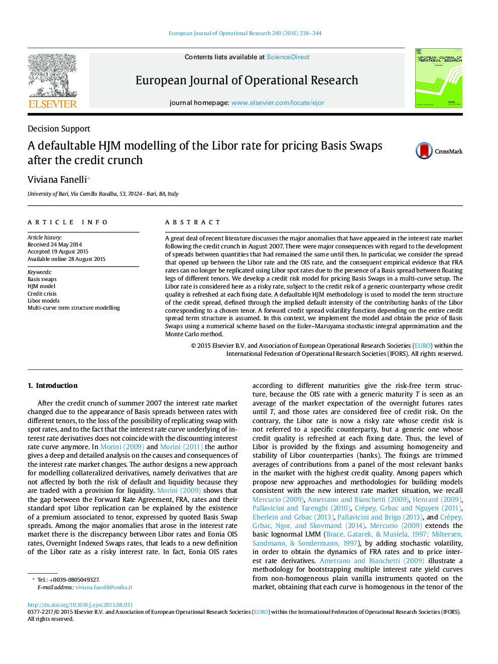 A defaultable HJM modelling of the Libor rate for pricing Basis Swaps after the credit crunch