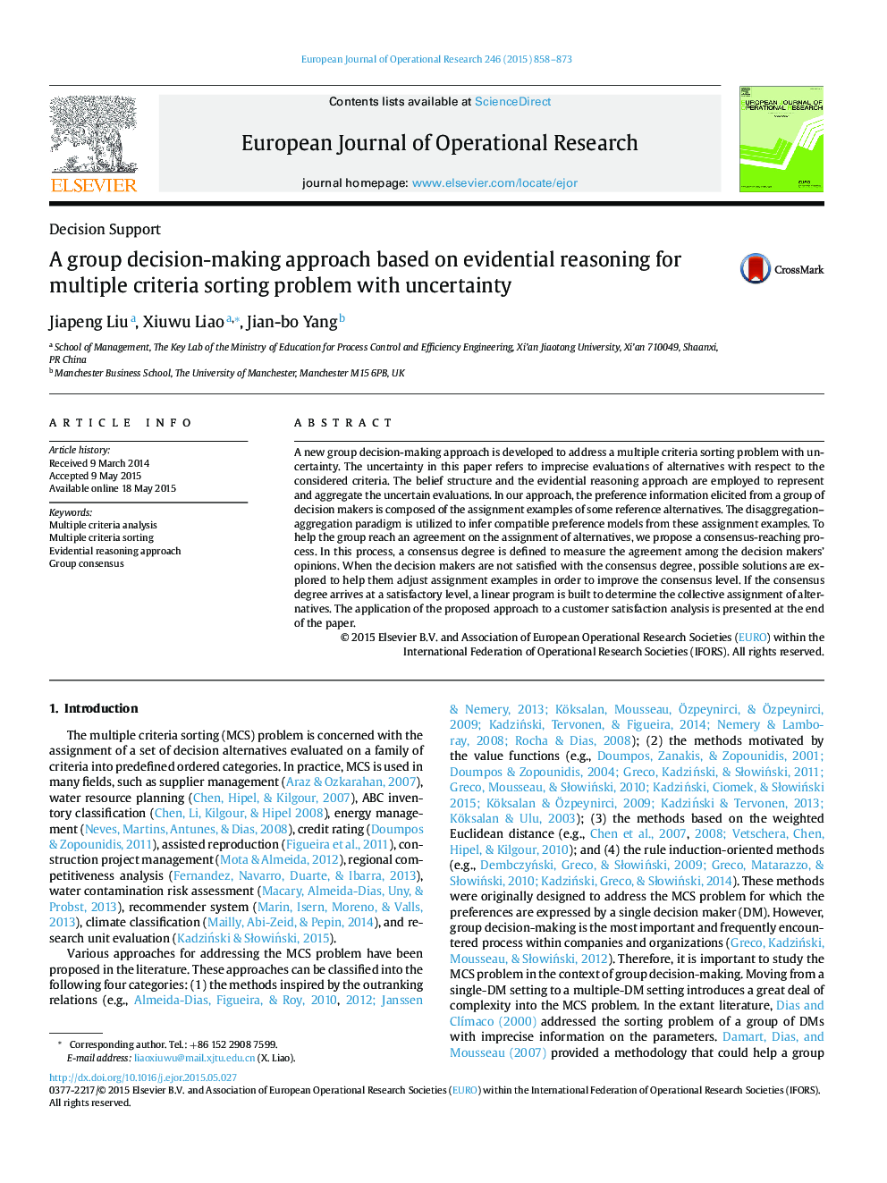 A group decision-making approach based on evidential reasoning for multiple criteria sorting problem with uncertainty